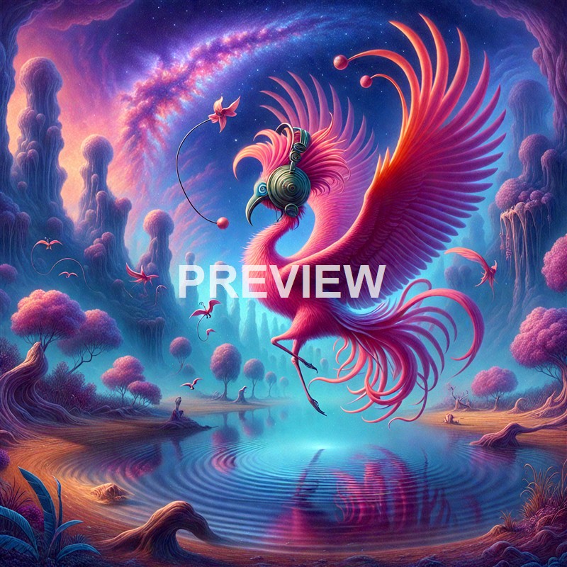 A colorful, fantasy scene featuring a pink, winged bird with a long tail, wearing headphones and a flower, flying over a surreal landscape with purple trees, a body of water, and a starry sky with a rainbow.